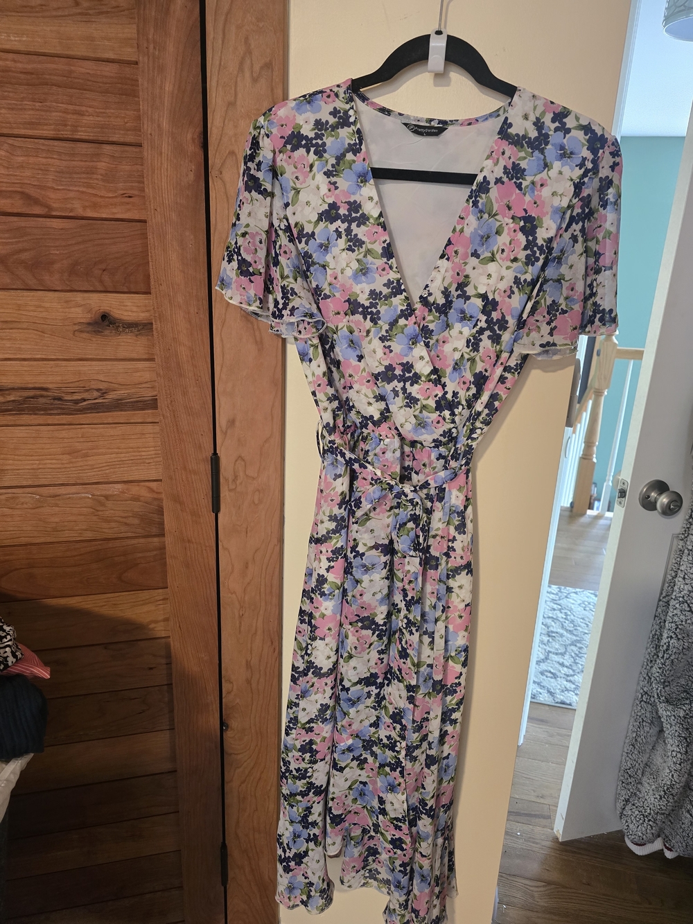Floral Wrap Midi Dress in Pink, Blue & Cream